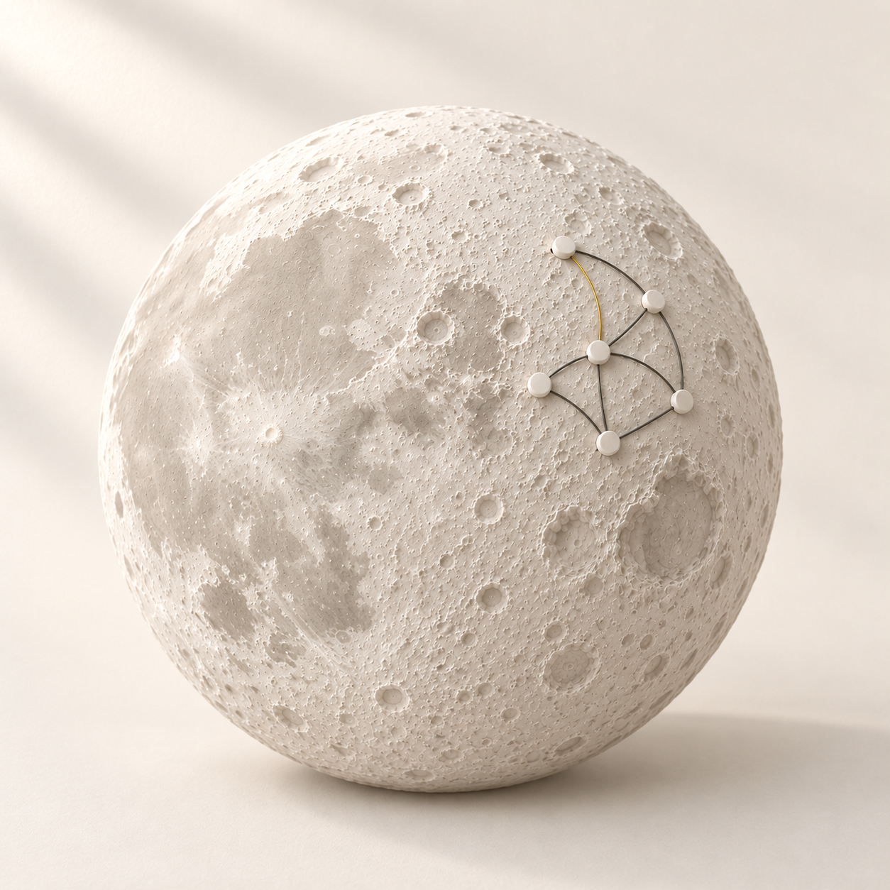 A sculpted full Moon with a small cluster of connected lunar systems